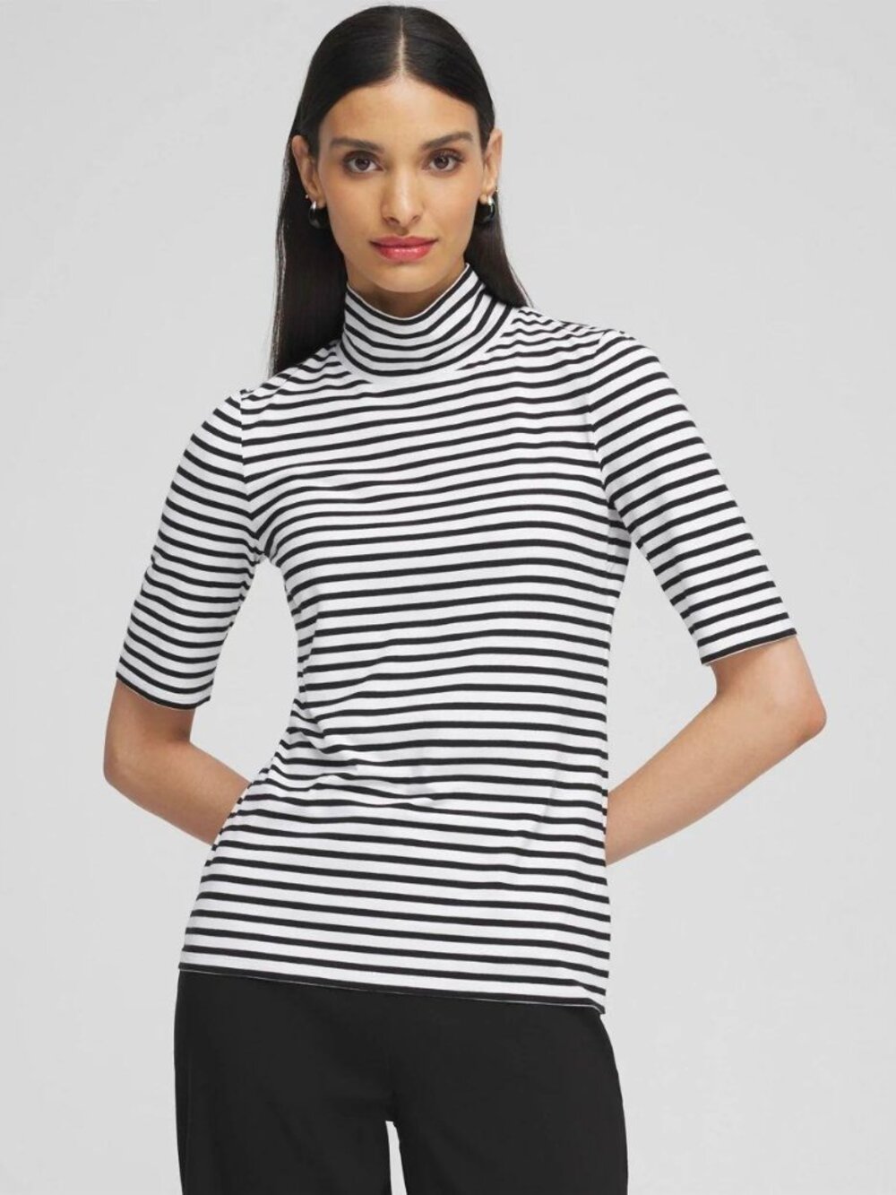 2/$30 Chico's Touch of Cool™ Stripe Mock Neck Tee Black White 16 #A4117